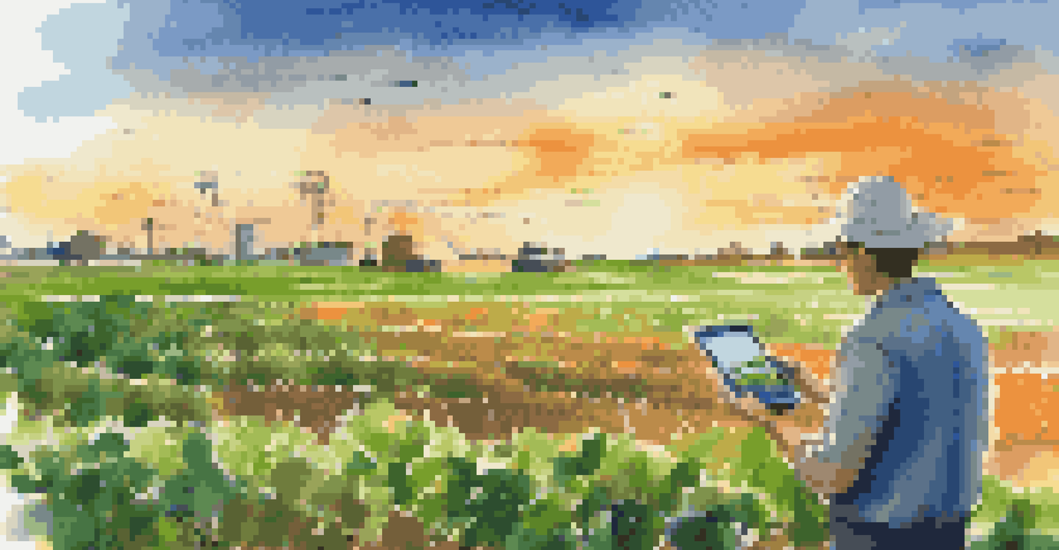 A farmer in a field using a mobile device, surrounded by IoT sensors and crops during sunset.