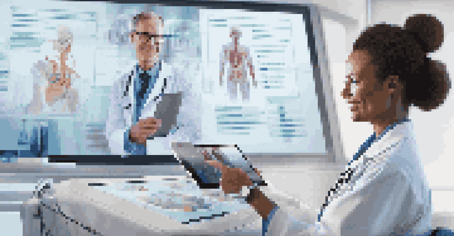A healthcare professional smiling and conducting a remote consultation on a tablet in a well-lit medical room with advanced devices.