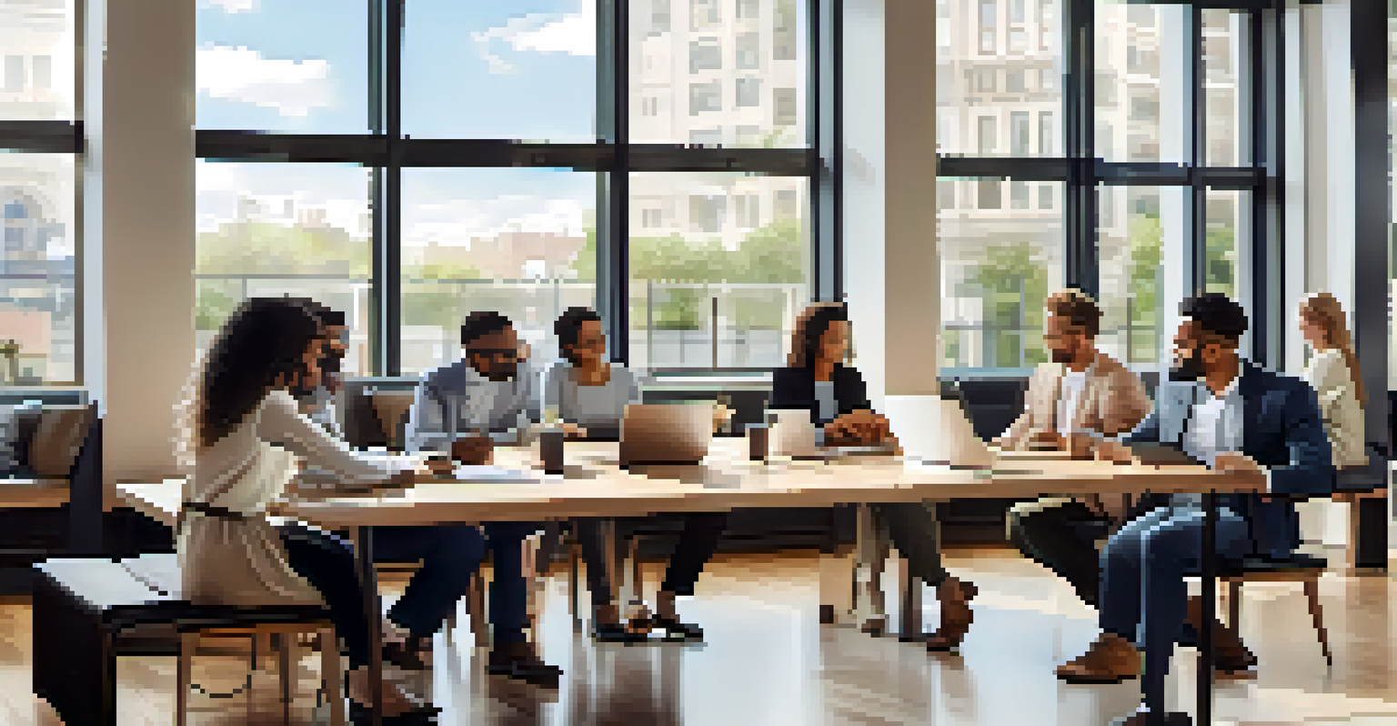 A diverse group of professionals collaborating in a bright modern office, using laptops and tablets to work together.