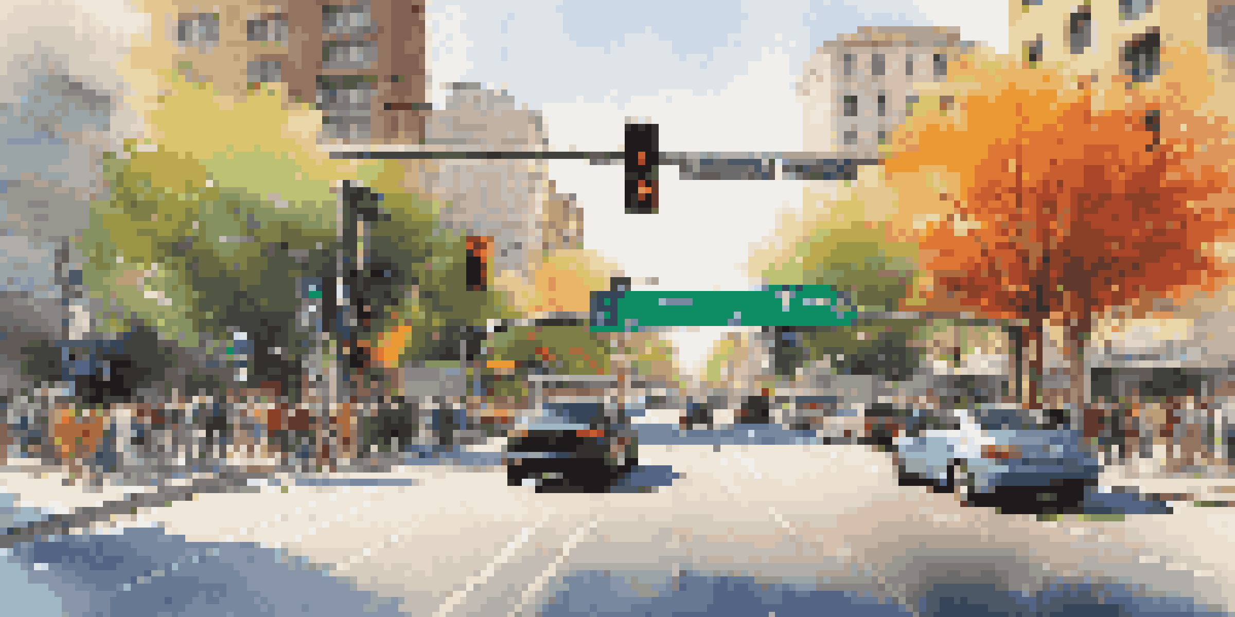 A bustling urban intersection with smart traffic lights, modern cars, and pedestrians, surrounded by trees and illuminated by sunlight.