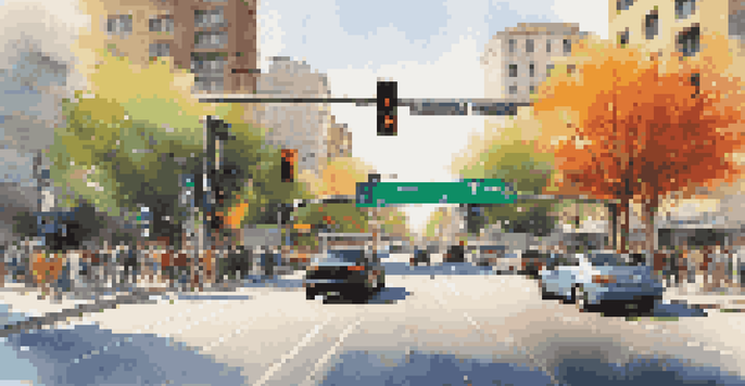 A bustling urban intersection with smart traffic lights, modern cars, and pedestrians, surrounded by trees and illuminated by sunlight.