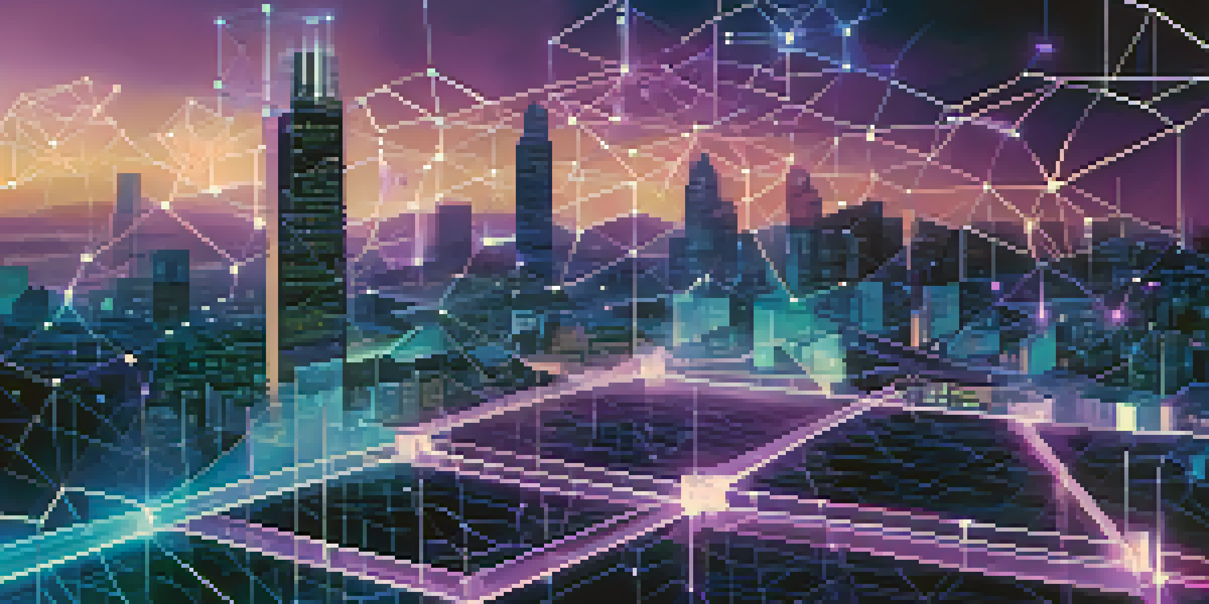 A digital illustration showing a blockchain network with glowing blocks and lines, set against a futuristic city skyline at dusk.