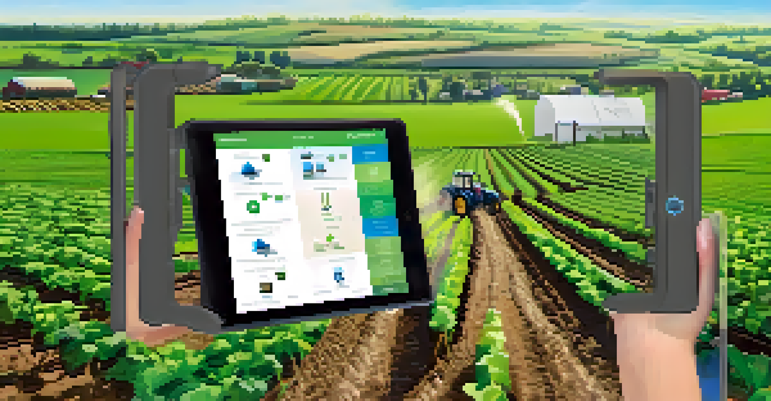 An outdoor farm with a farmer using a tablet to monitor soil conditions, surrounded by green fields and IoT-equipped tractors.