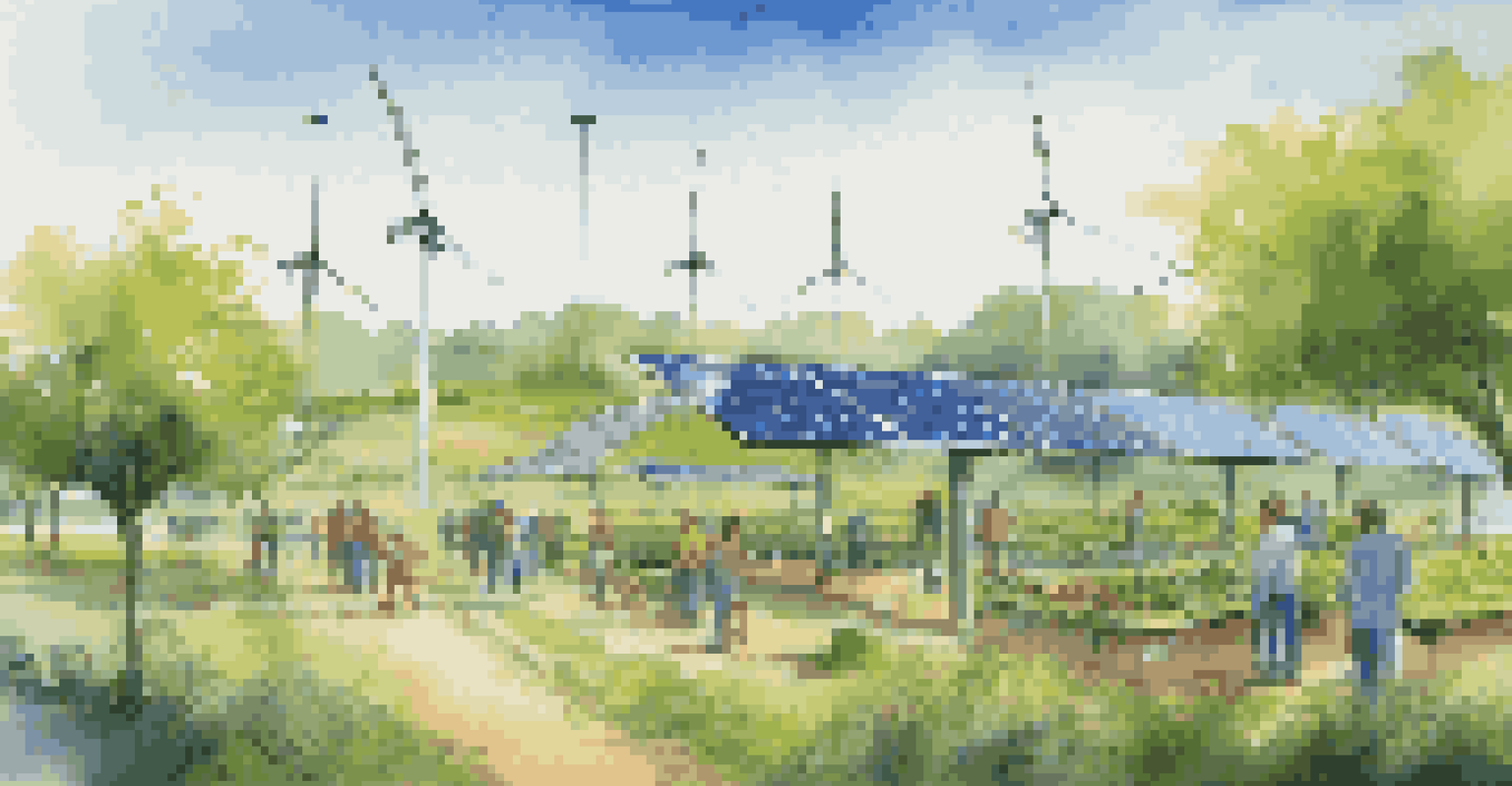 A green landscape with solar panels and wind turbines, showing people engaged in sustainable practices like planting trees.