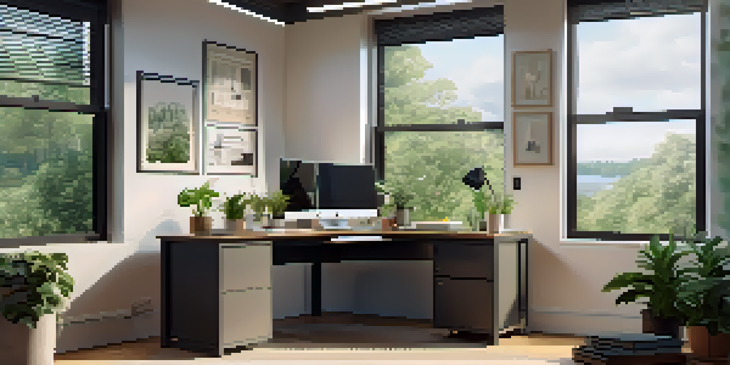 A modern office space with a computer desk by a window, overlooking a park, with motivational art on the walls and a potted plant.