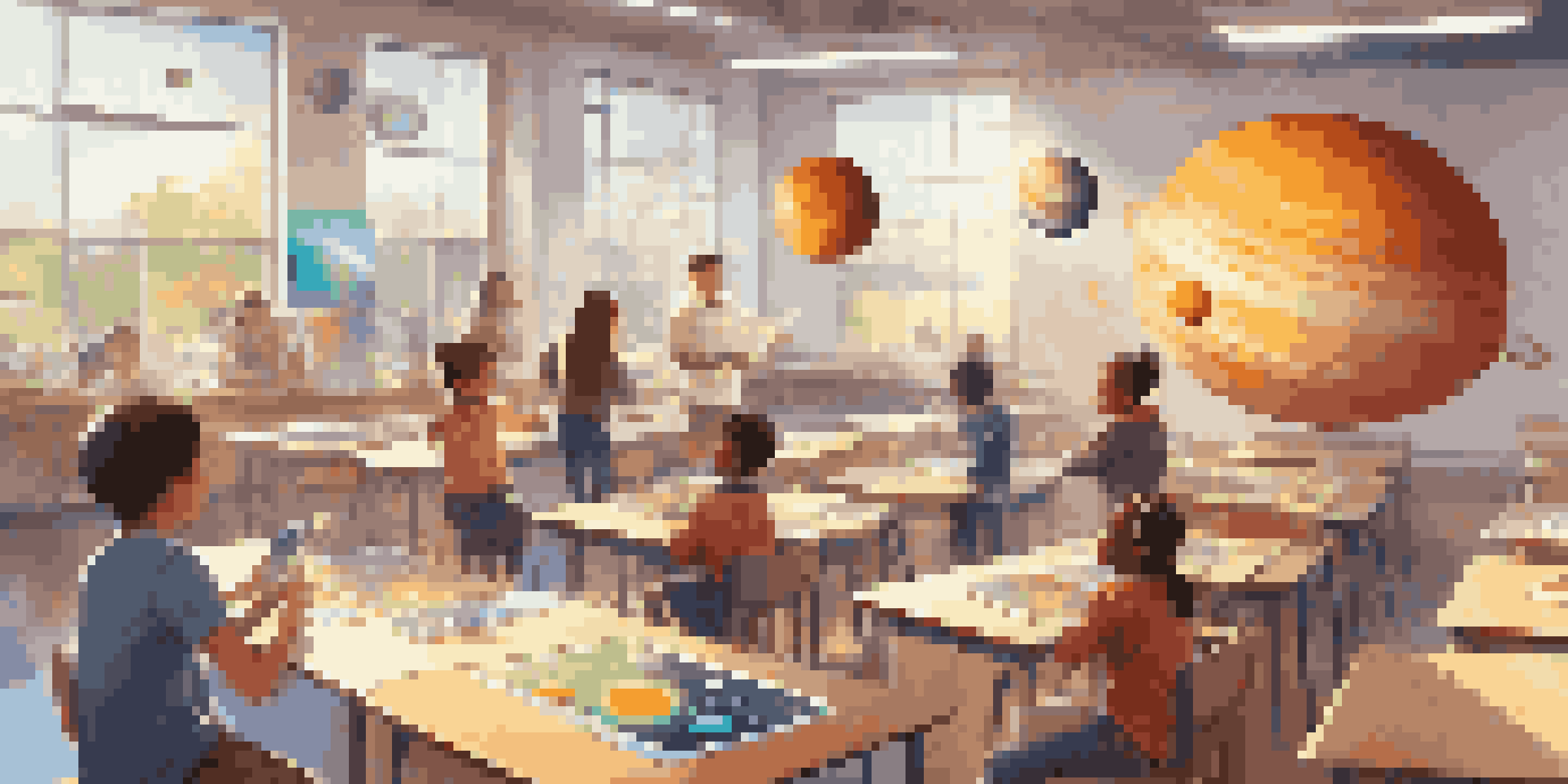 Students in a bright classroom using augmented reality tablets to explore a 3D solar system model, showing expressions of engagement and curiosity.