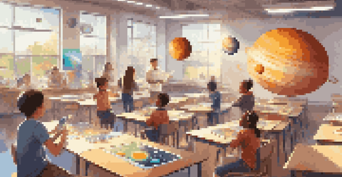 Students in a bright classroom using augmented reality tablets to explore a 3D solar system model, showing expressions of engagement and curiosity.