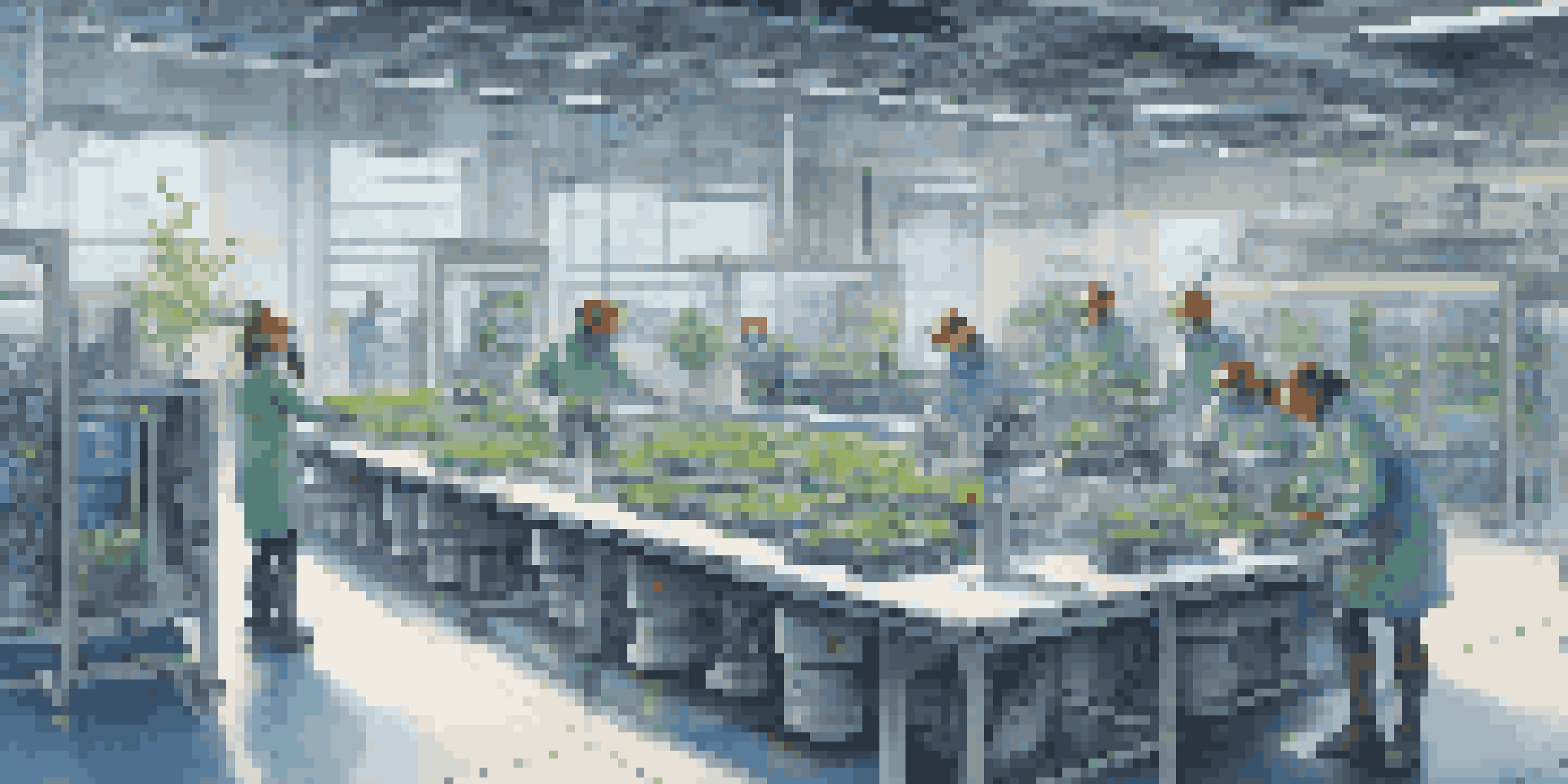 A bright and modern smart factory with advanced robots and humans working together on an assembly line, showcasing a blend of technology and nature.