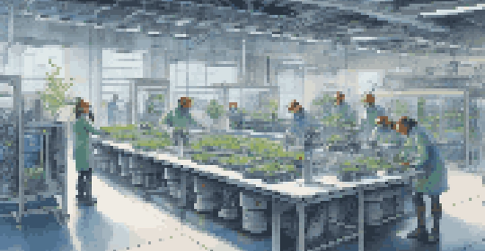 A bright and modern smart factory with advanced robots and humans working together on an assembly line, showcasing a blend of technology and nature.