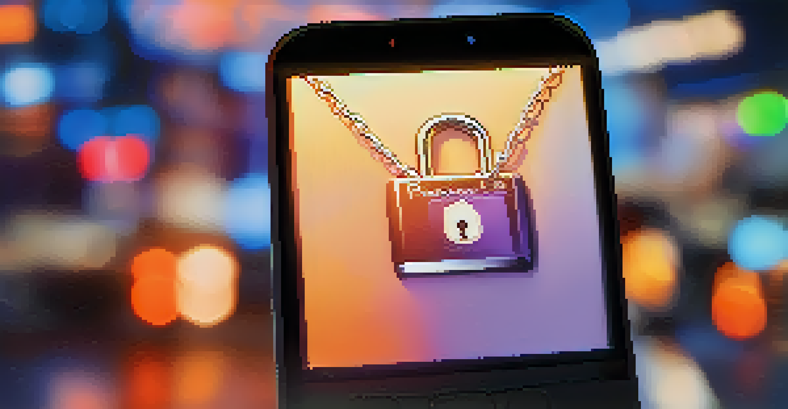 A close-up of a digital privacy policy on a screen with a padlock icon, set against a blurred background of a person using a smartphone.