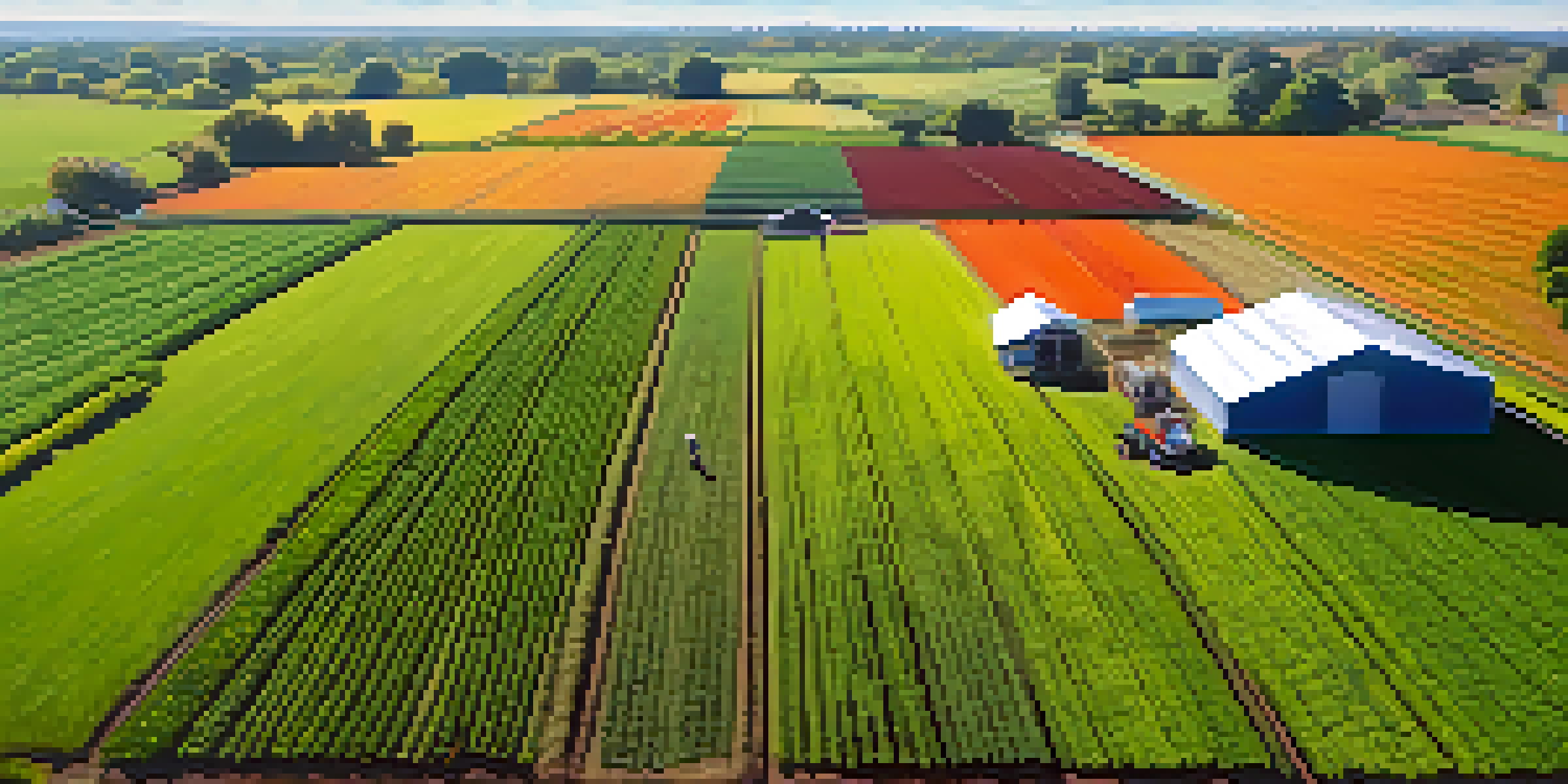 An aerial view of a farmer using a drone to monitor crop health over green fields.