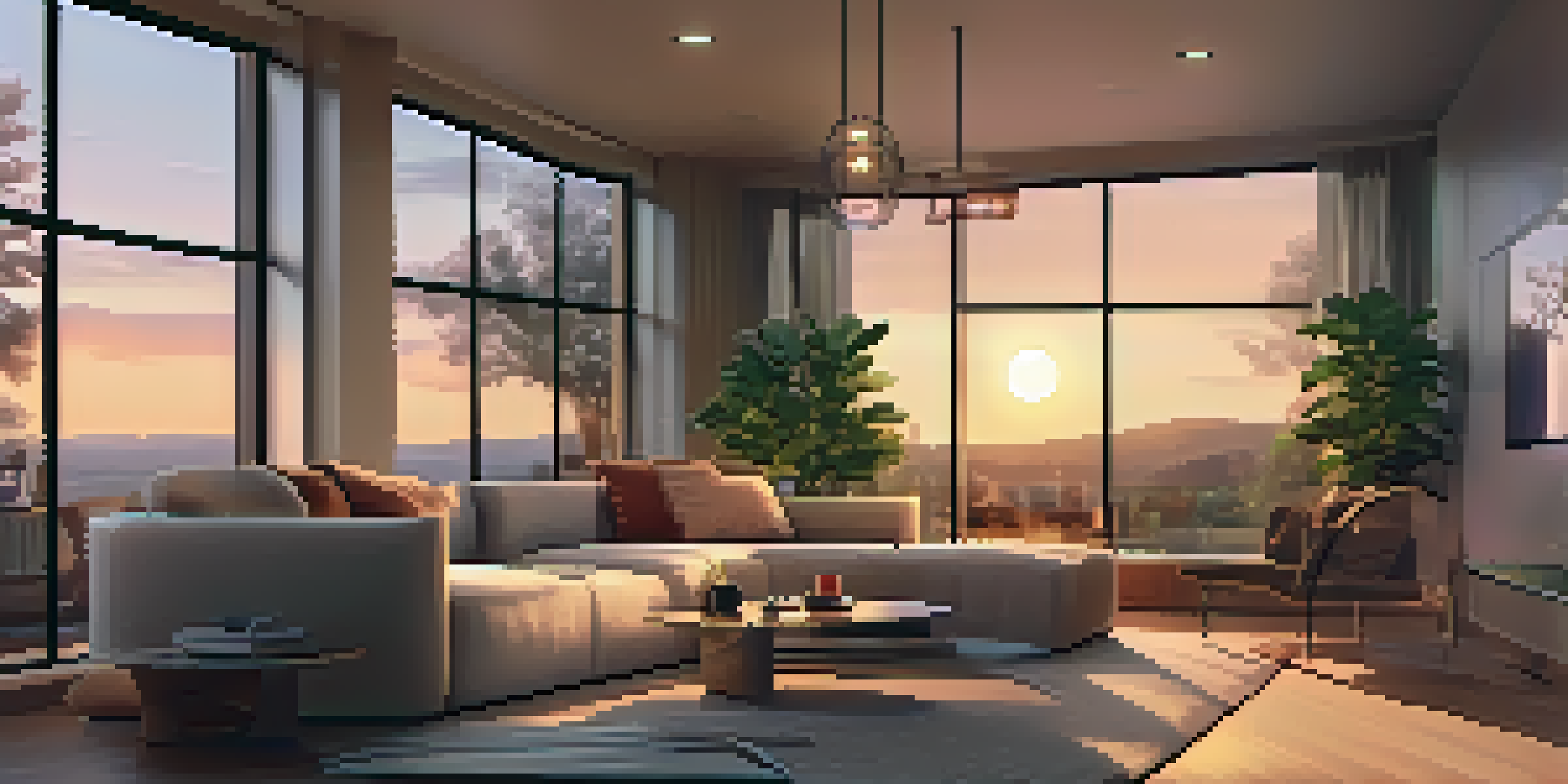 A person interacting with a voice assistant in a cozy living room, with warm lighting and modern decor.