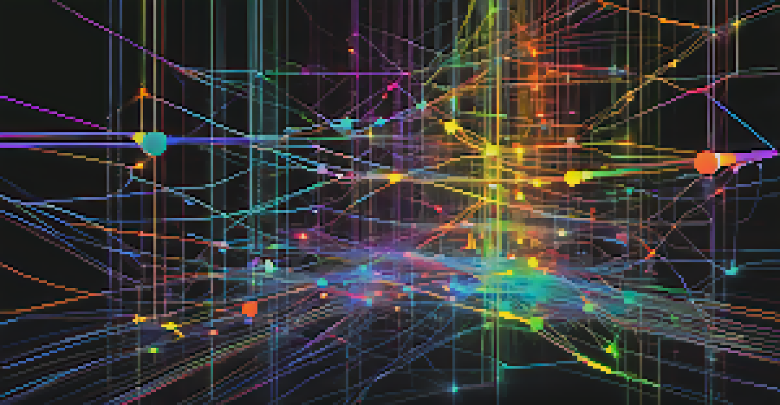 An abstract image illustrating data flow in a digital network, with glowing nodes and connections in vibrant colors on a dark background.