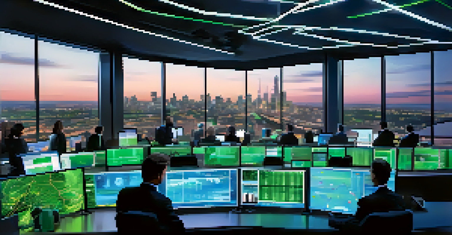 A smart energy grid control room with professionals analyzing data on screens, overlooking a city skyline through large windows.