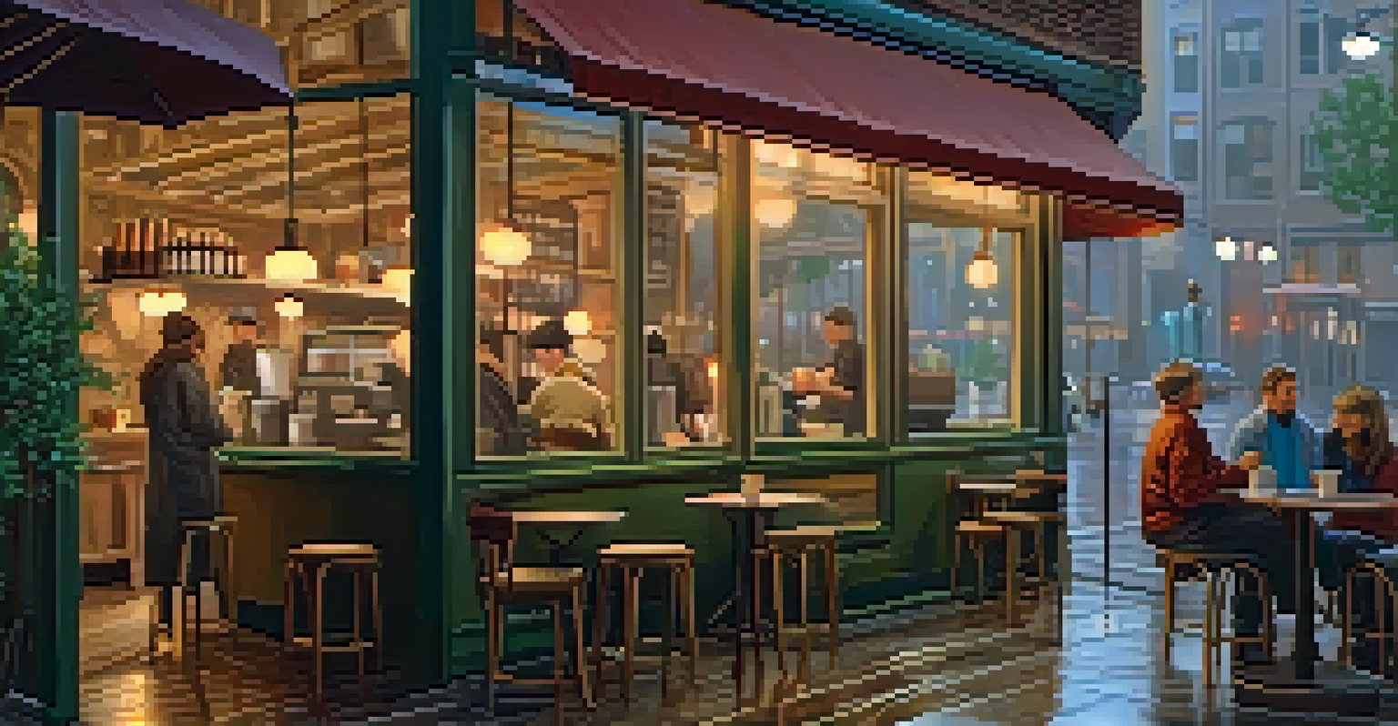 An inviting coffee shop interior on a rainy day, with a barista making coffee and warm lighting creating a cozy ambiance.