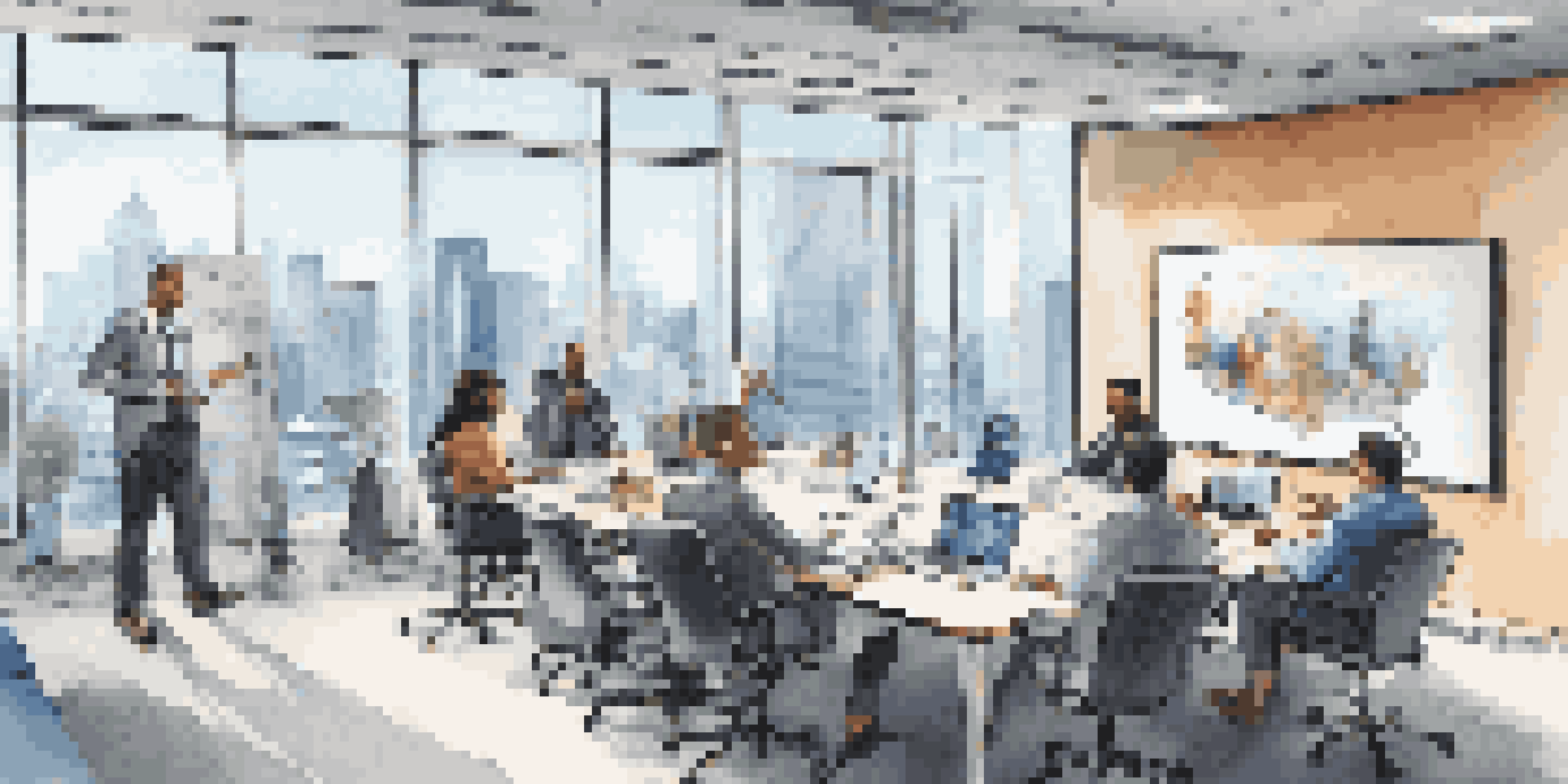 A modern office with a conference table and team members participating in a video call, surrounded by windows showing a city view.