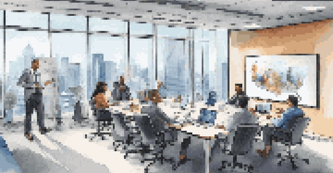 A modern office with a conference table and team members participating in a video call, surrounded by windows showing a city view.