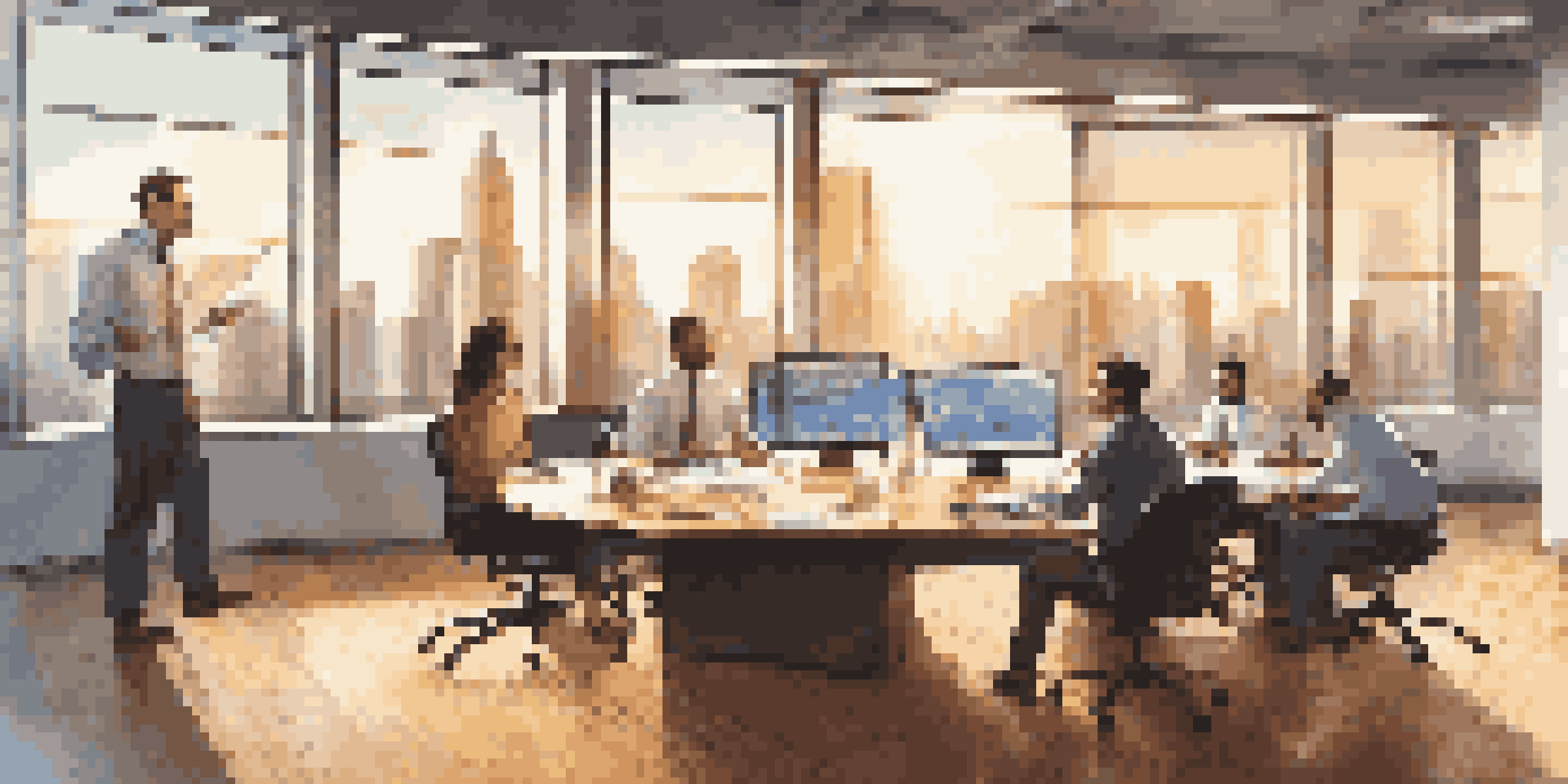 A modern office with a round table filled with charts and laptops, employees discussing data analytics with a city skyline in the background.