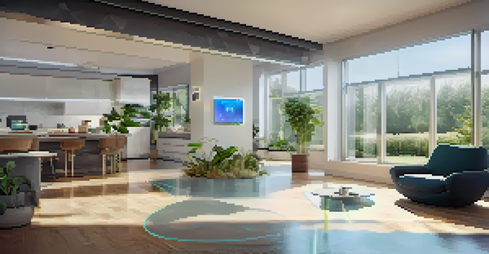 A modern smart home interior with a visible thermostat displaying real-time data and holographic icons representing IoT devices.