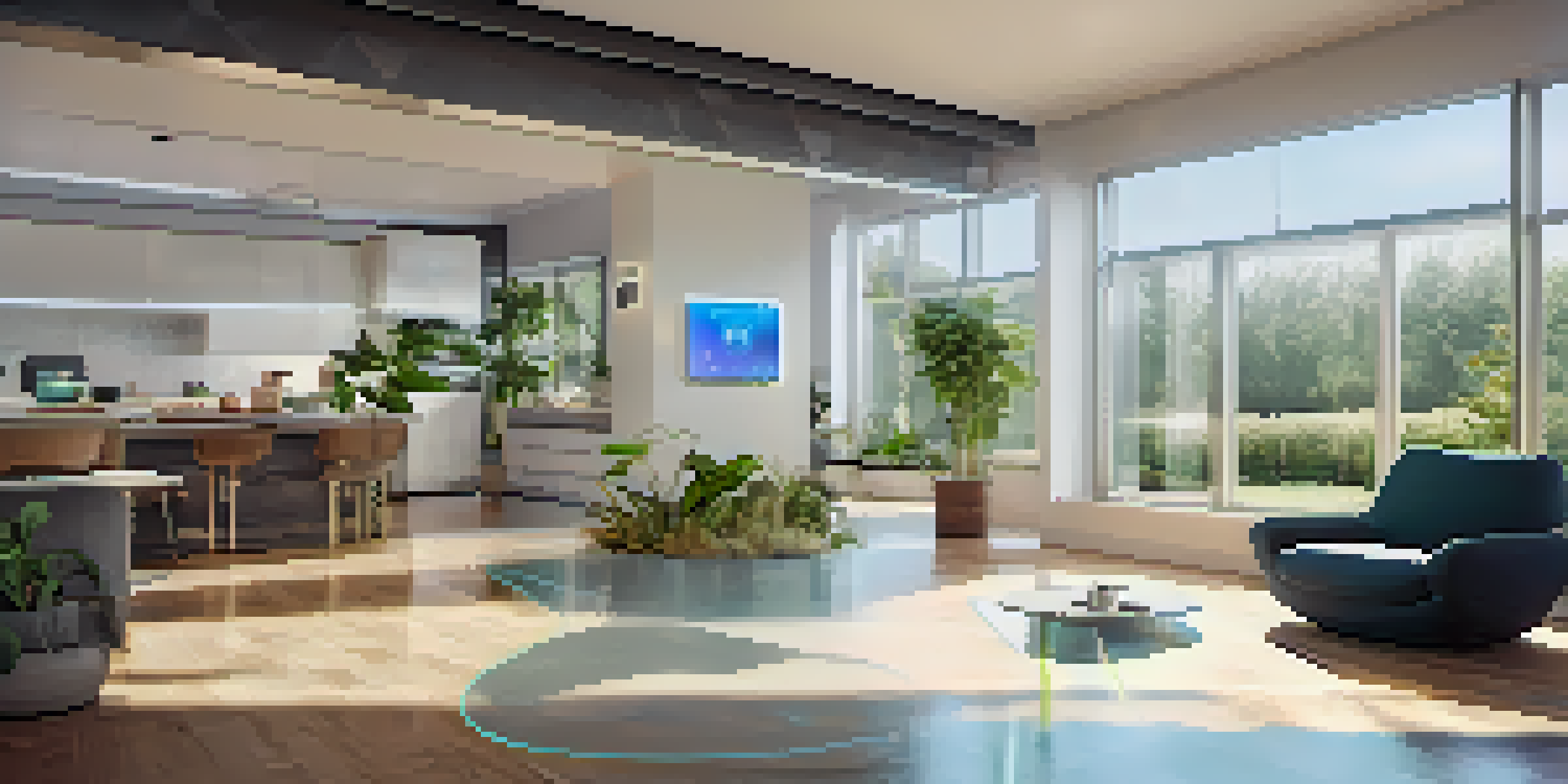 A modern smart home interior with a visible thermostat displaying real-time data and holographic icons representing IoT devices.