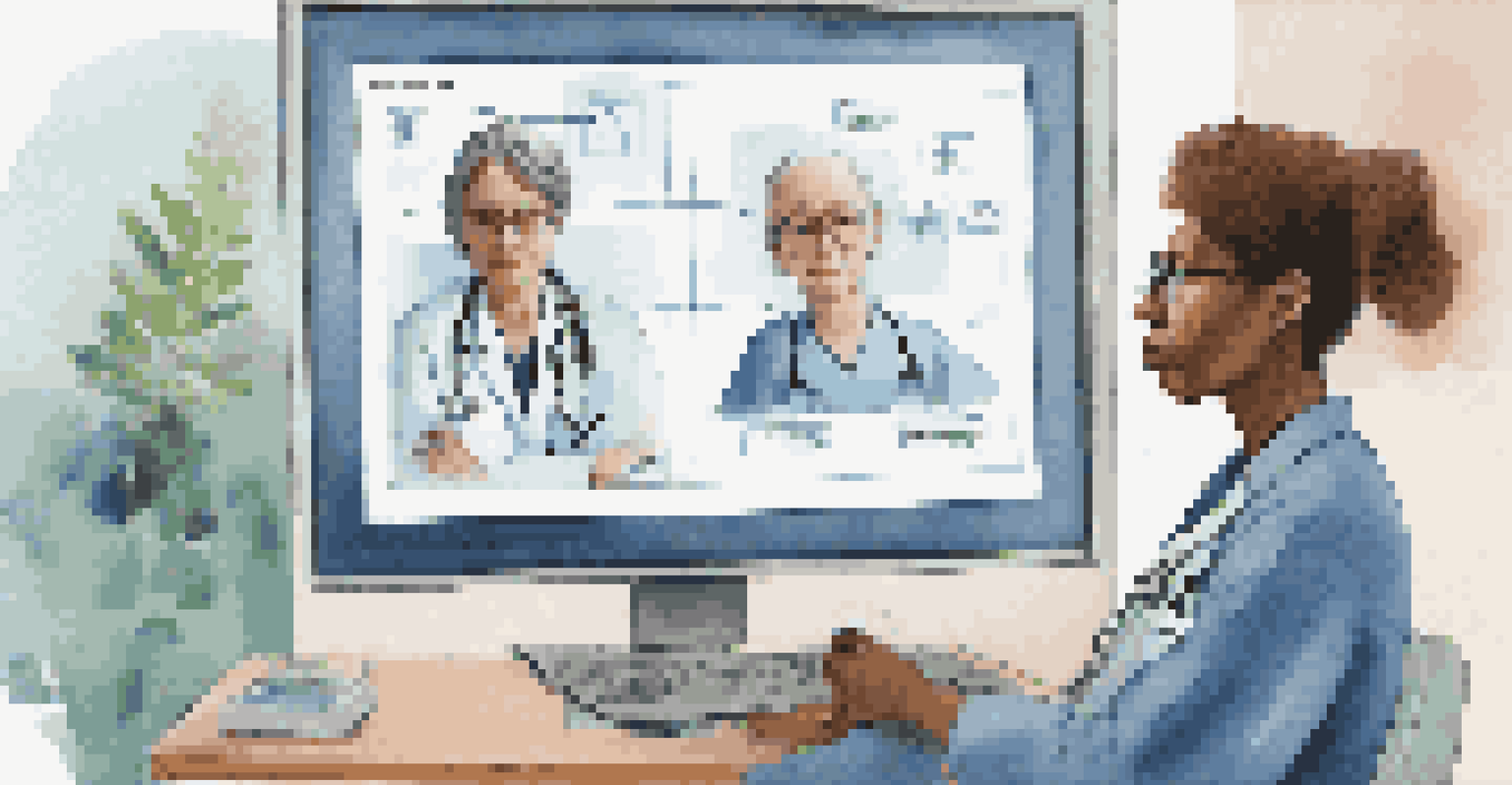 A split-screen image showing a healthcare provider on one side and a patient on the other, both engaged in a remote consultation.