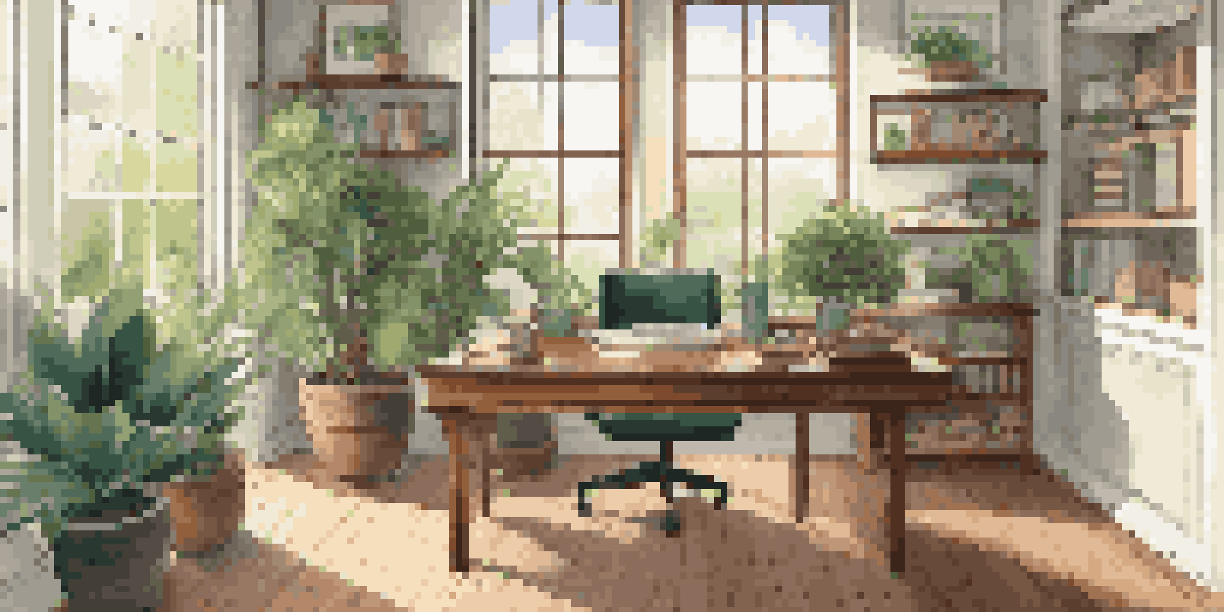 A modern office workspace with a wooden desk, laptop, and potted plants, bathed in natural light.