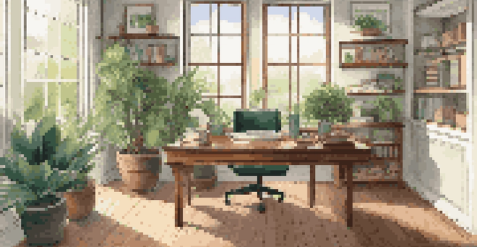 A modern office workspace with a wooden desk, laptop, and potted plants, bathed in natural light.