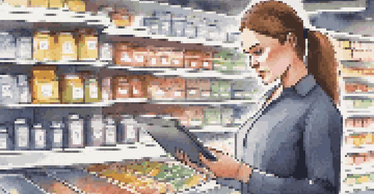 A retail employee checking inventory on a tablet in front of neatly organized shelves.