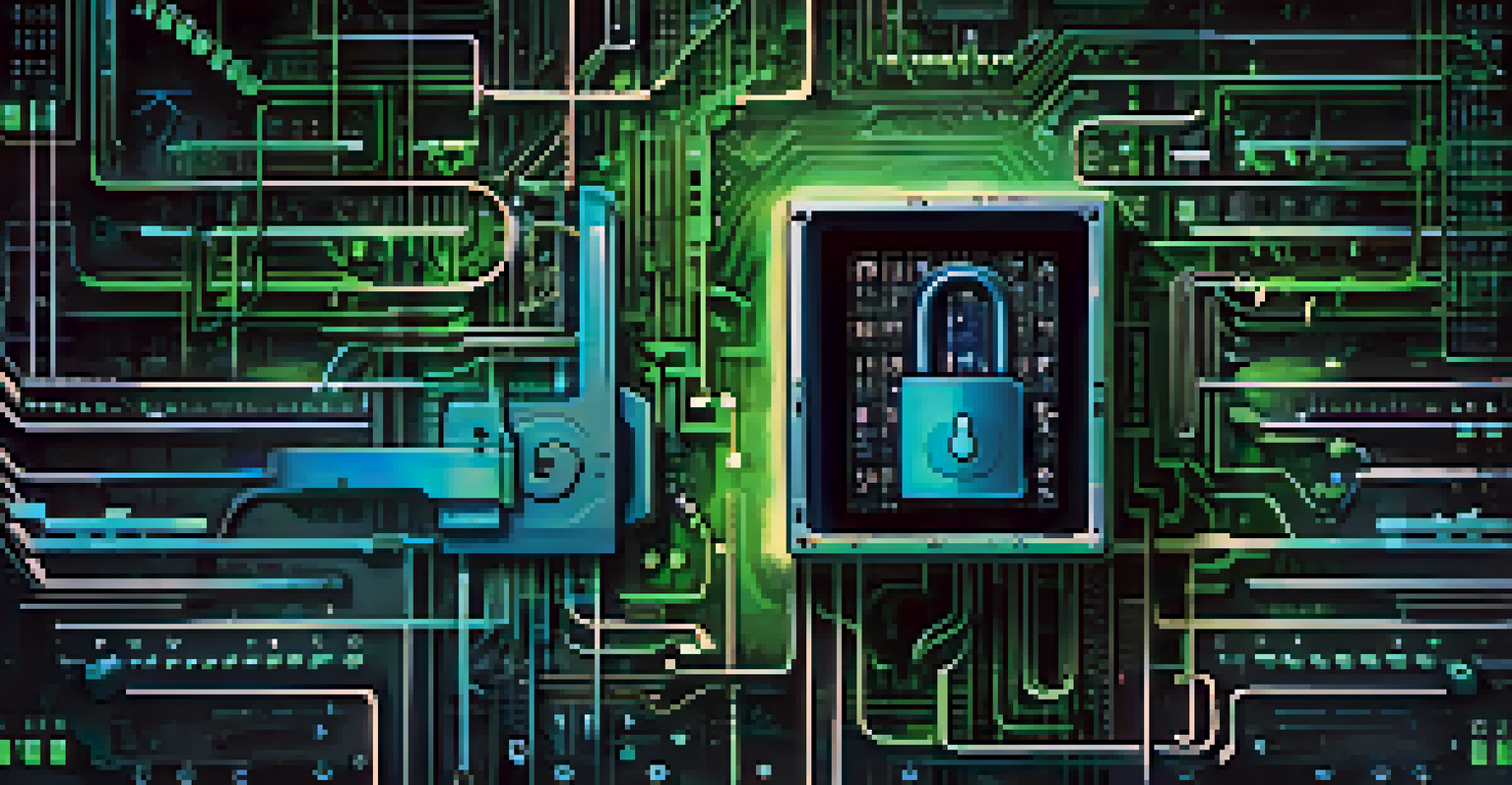 An abstract digital illustration of a lock surrounded by binary code and symbols representing music, film, and software.