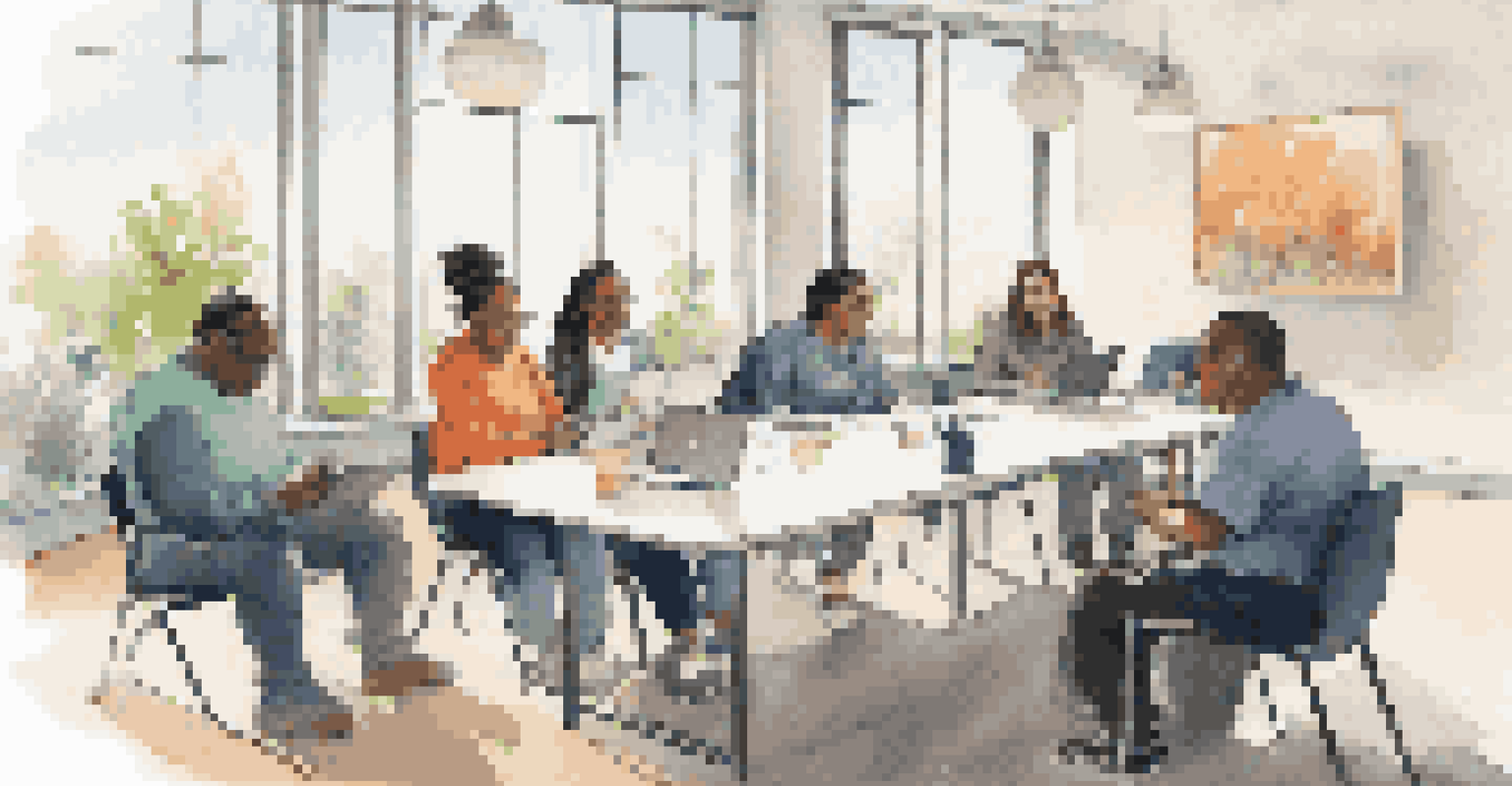 A diverse group of individuals with disabilities participating in a focus group, discussing technology solutions in a bright and inviting room.