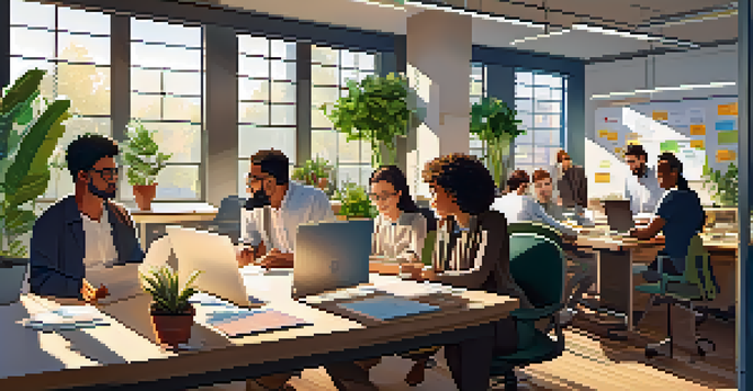A bright and inviting office environment with a diverse team collaborating at desks, surrounded by plants and creative materials.