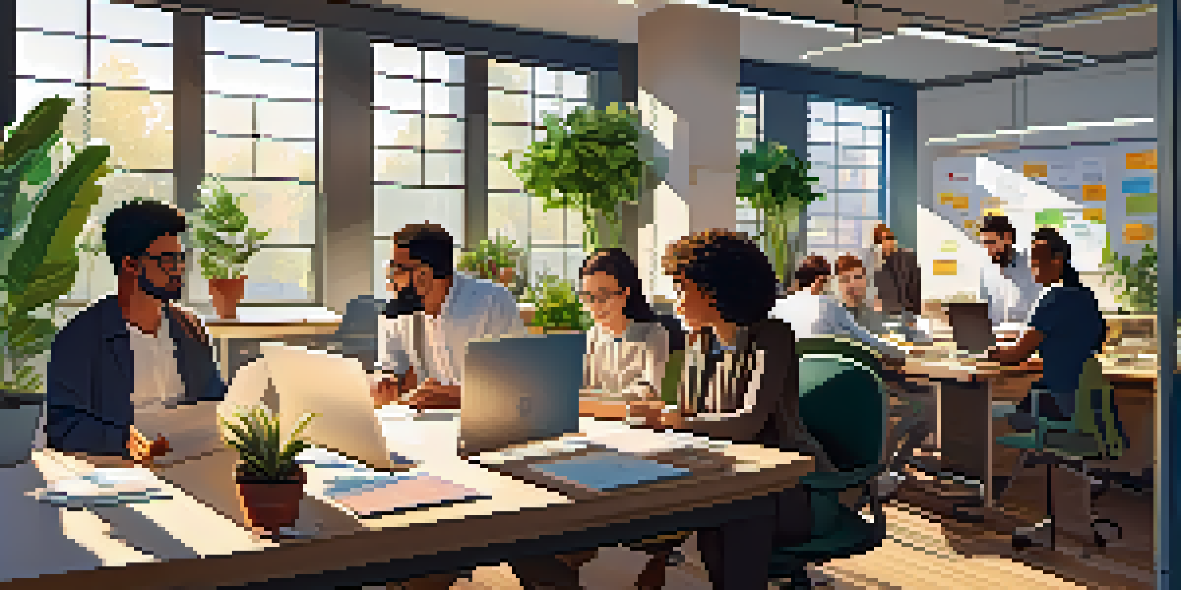 A bright and inviting office environment with a diverse team collaborating at desks, surrounded by plants and creative materials.