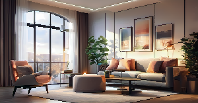 A cozy modern living room with smart lighting, featuring colorful LED bulbs and warm ambiance, along with stylish furniture and sunset view through large windows.