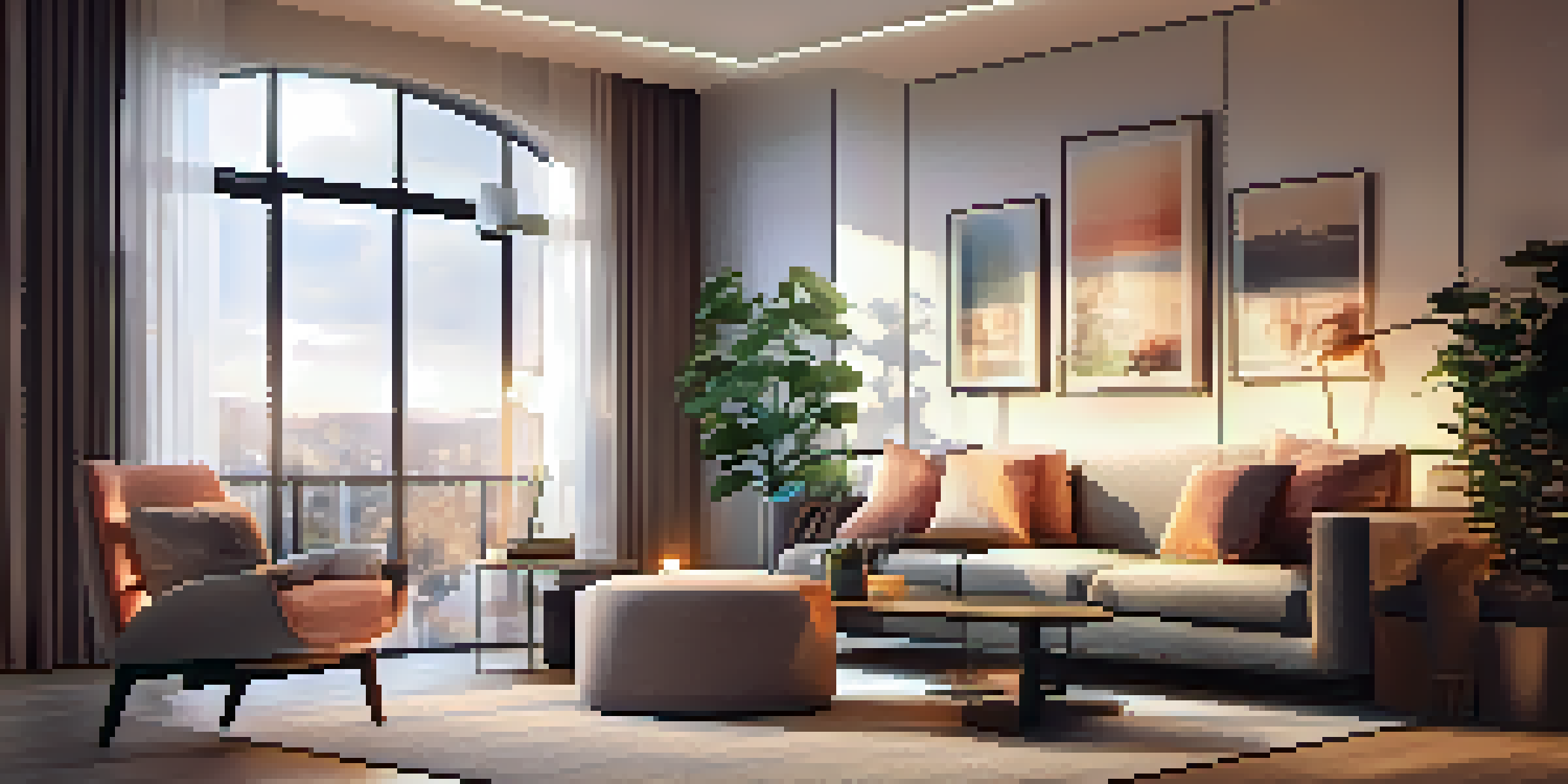 A cozy modern living room with smart lighting, featuring colorful LED bulbs and warm ambiance, along with stylish furniture and sunset view through large windows.