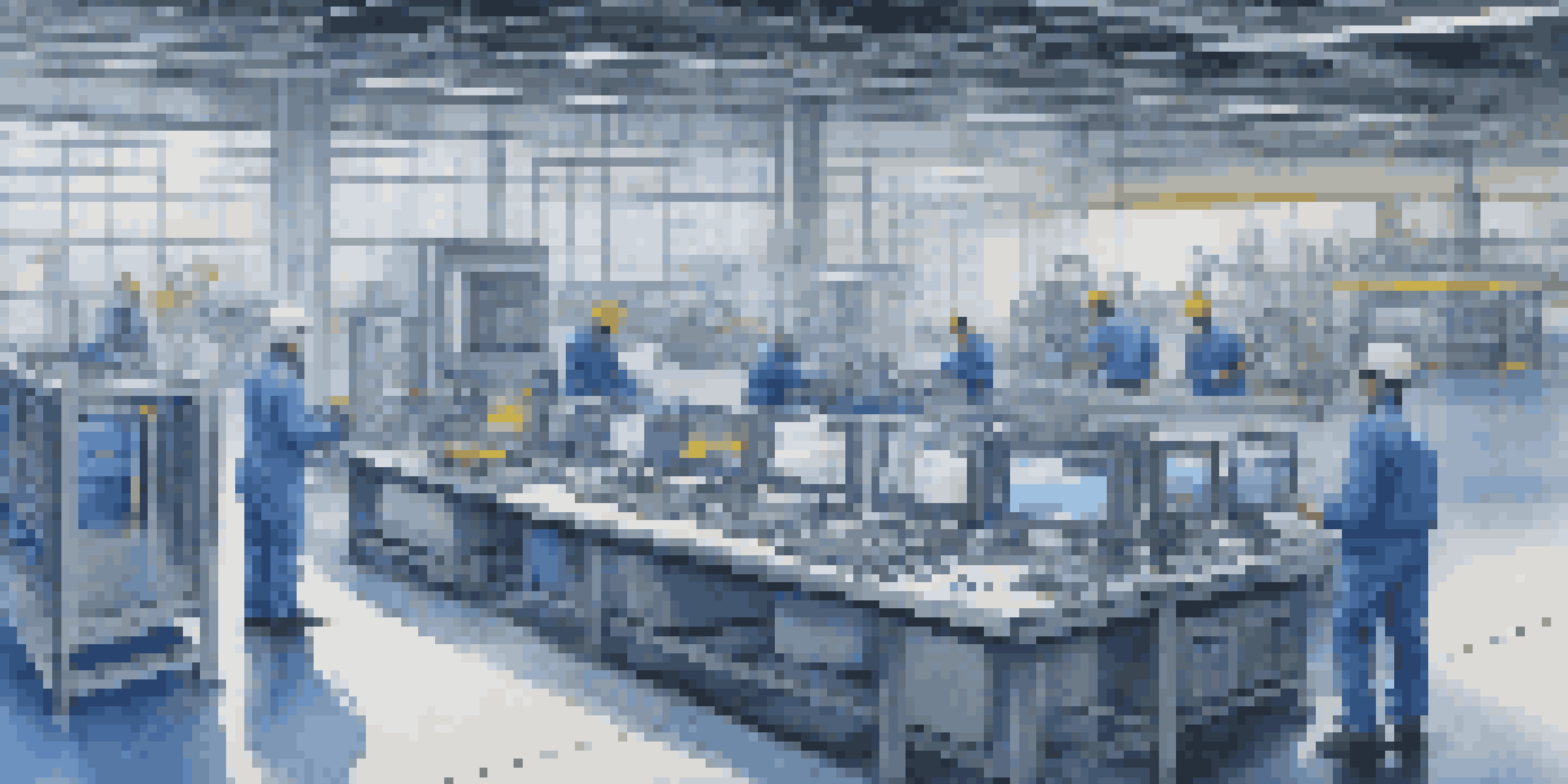 A bright manufacturing facility with advanced machinery and workers monitoring data on screens.
