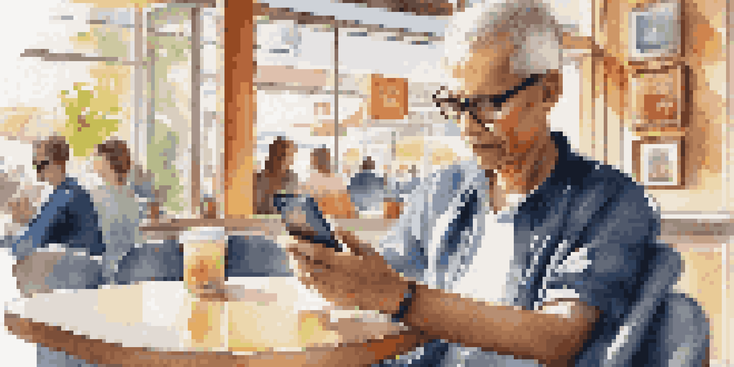 A visually impaired individual engaged with a smartphone in a colorful café, utilizing a screen reader.