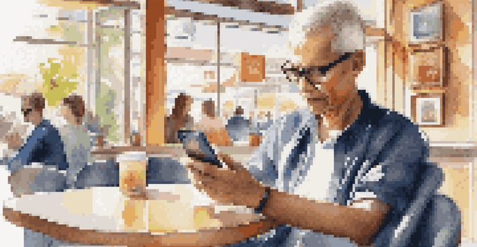 A visually impaired individual engaged with a smartphone in a colorful café, utilizing a screen reader.