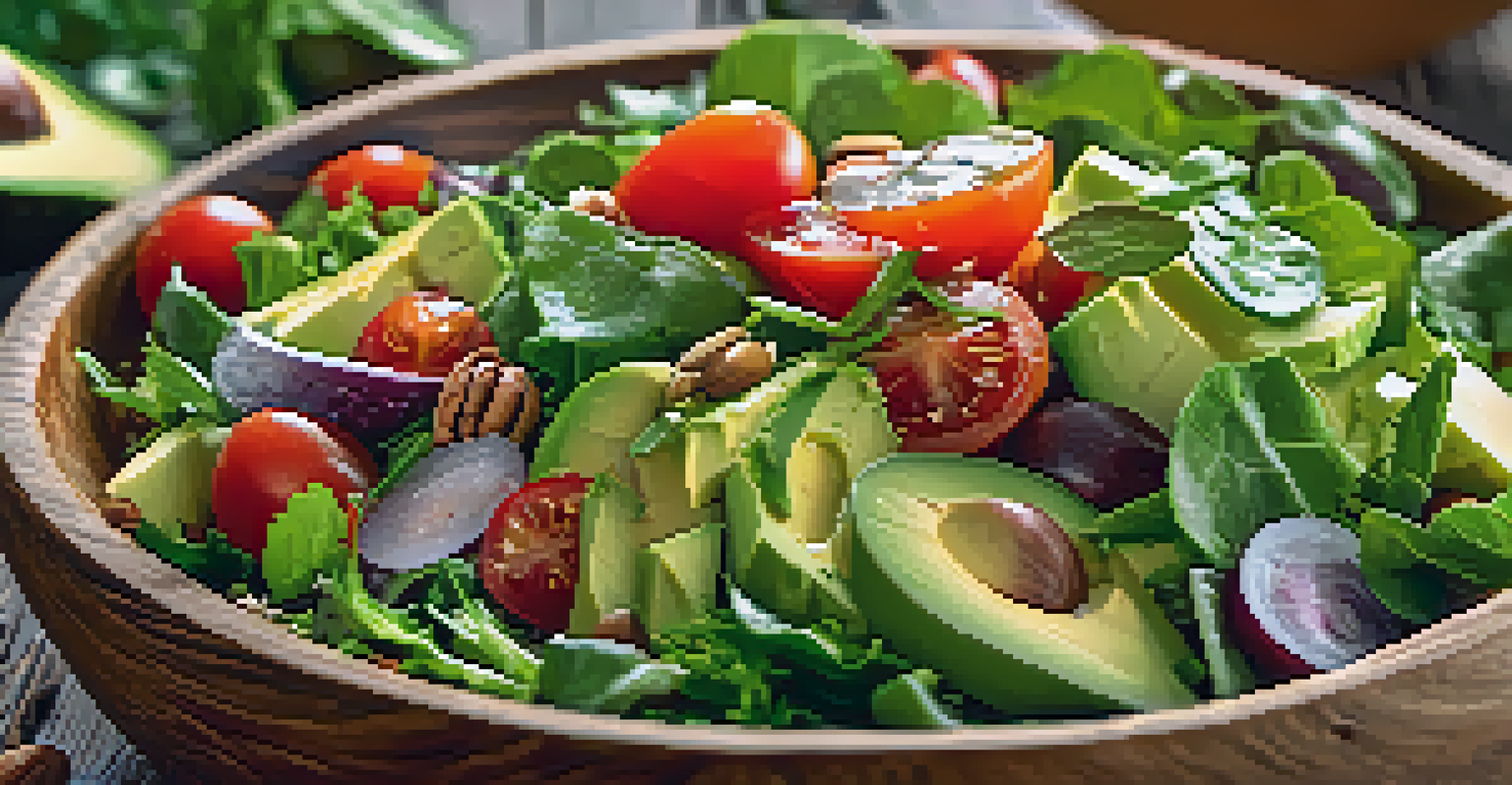 A close-up of a fresh salad in a wooden bowl, featuring greens, tomatoes, cucumbers, and avocado.