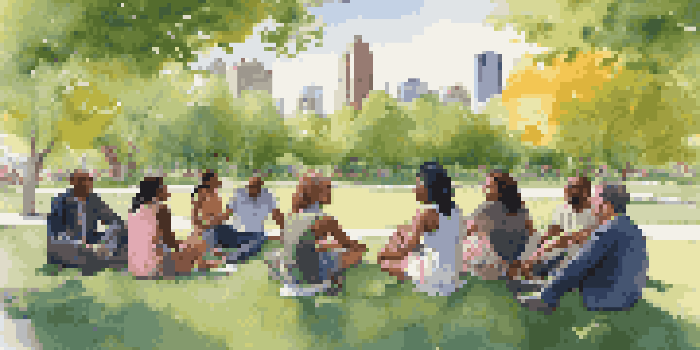 A diverse group of people passionately debating in a park with city skyline in the background.
