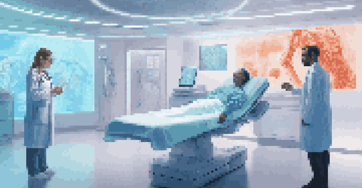 A doctor interacting with a holographic patient model in a modern clinic, showcasing advanced healthcare technology.