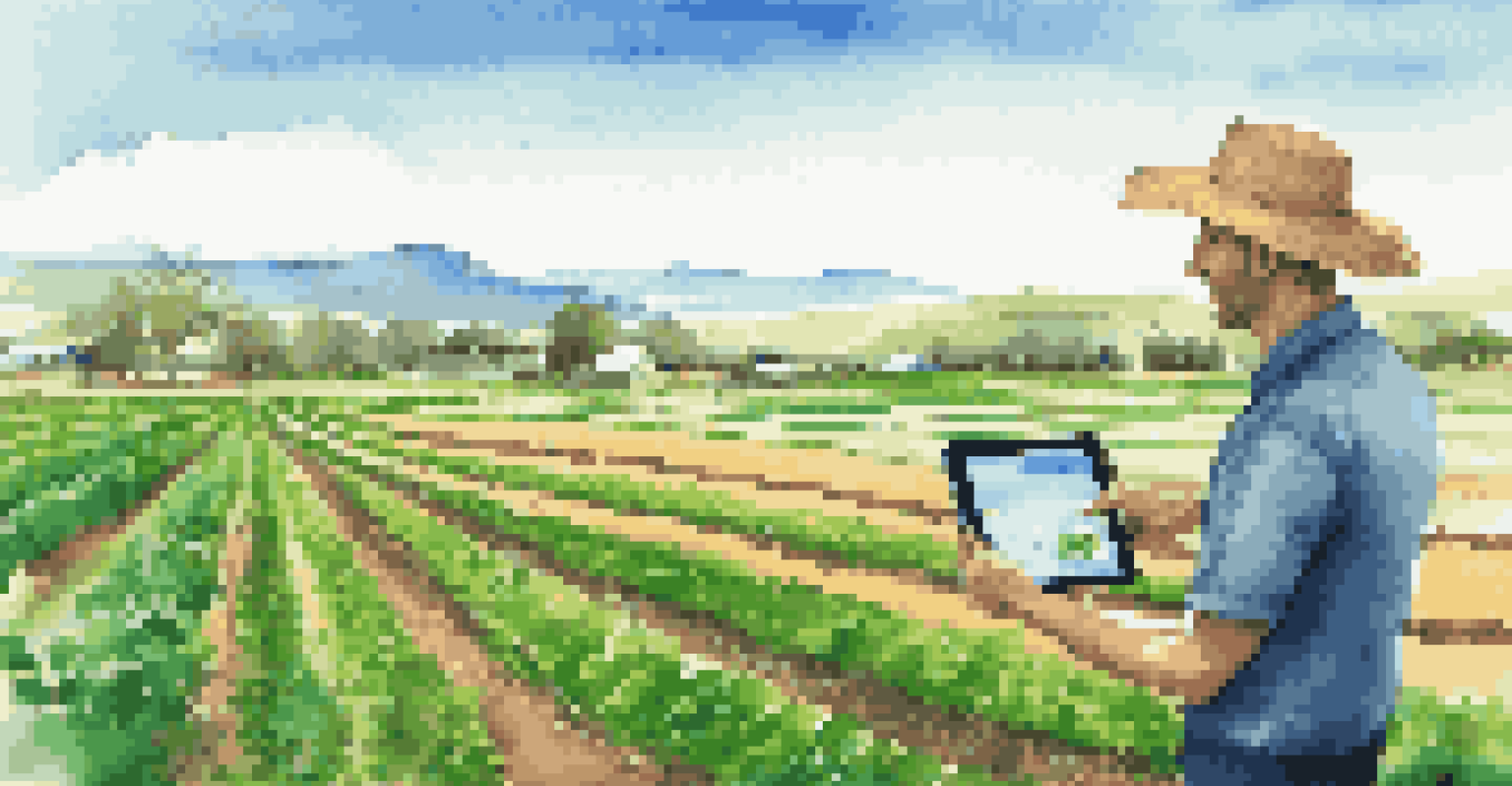 A farmer using a tablet to monitor IoT sensors in a lush agricultural field with green crops and mountains in the background.