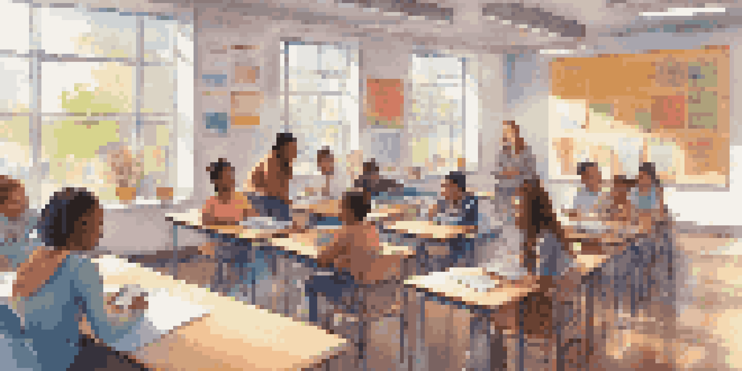 A diverse group of students actively participating in a modern classroom, using technology and collaborating with a teacher.
