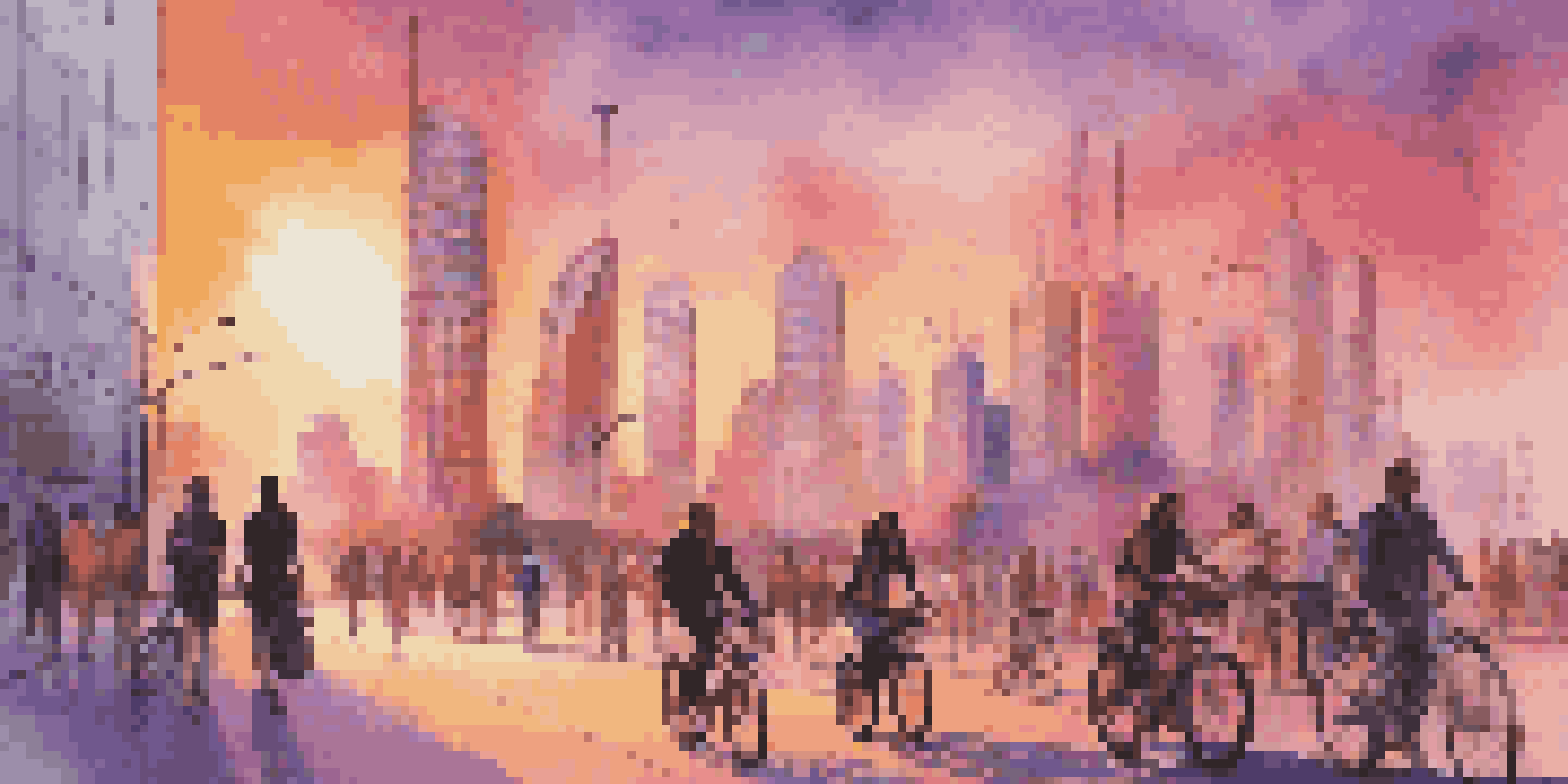 City skyline at sunset with modern buildings featuring solar panels and wind turbines, with people walking and cycling below.