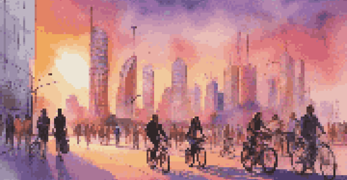 City skyline at sunset with modern buildings featuring solar panels and wind turbines, with people walking and cycling below.