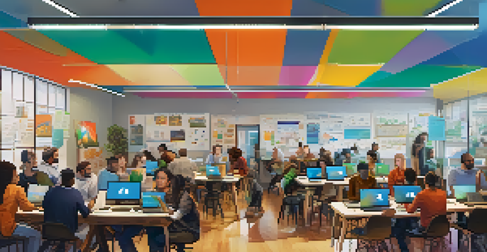 A diverse group of people working together in a tech hub, collaborating on open-source projects with laptops and charts around them.