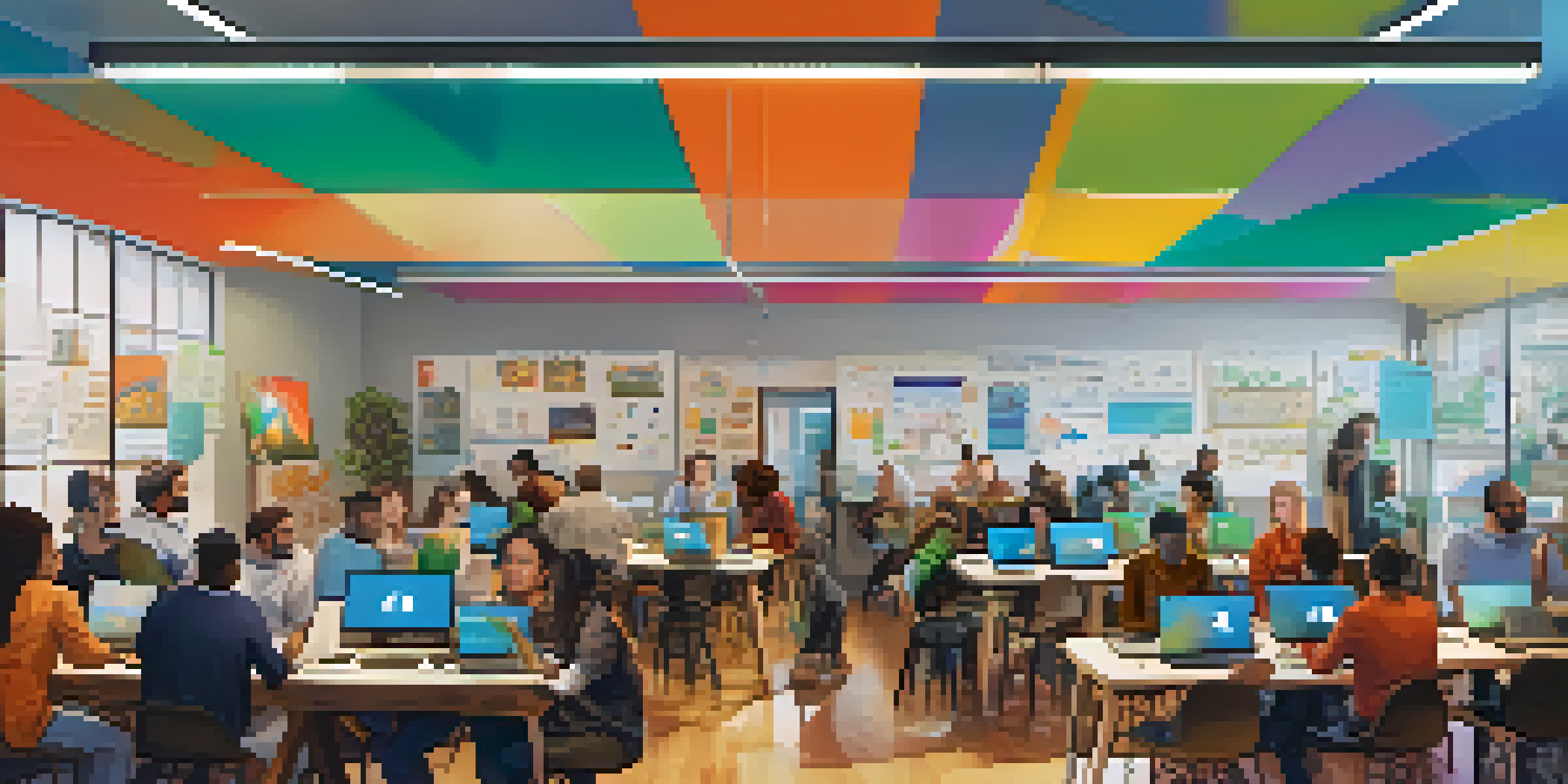 A diverse group of people working together in a tech hub, collaborating on open-source projects with laptops and charts around them.