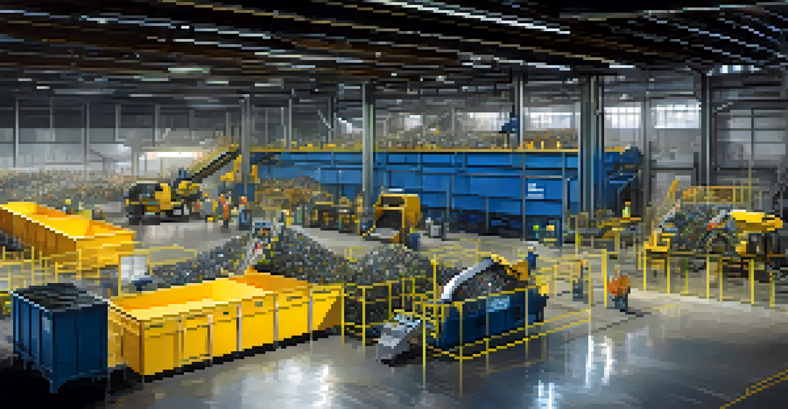 An interior view of a modern recycling facility with advanced sorting technology, showing workers actively engaged in the recycling process.