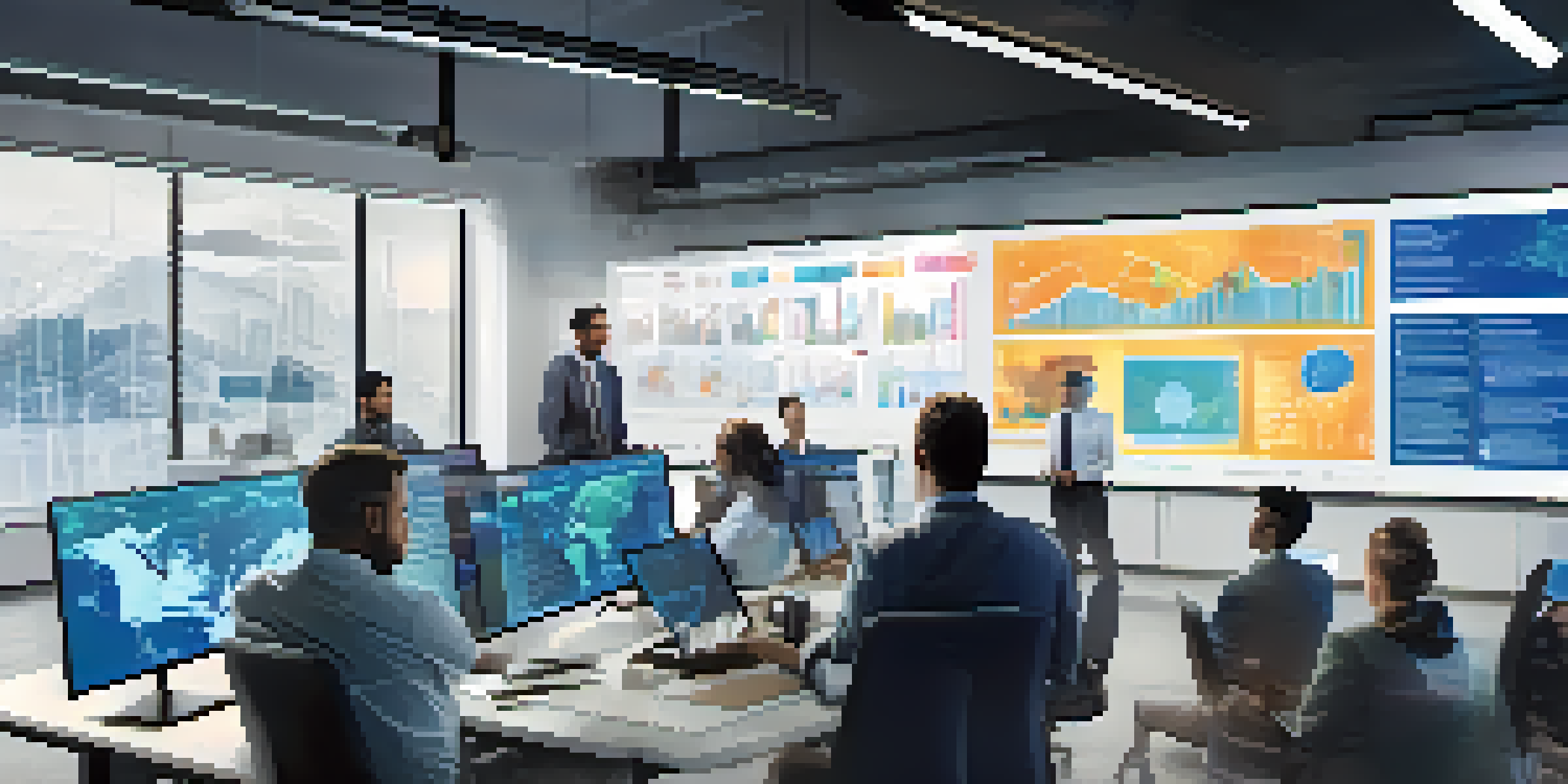 A diverse incident response team discussing cybersecurity analytics in a modern office filled with natural light.