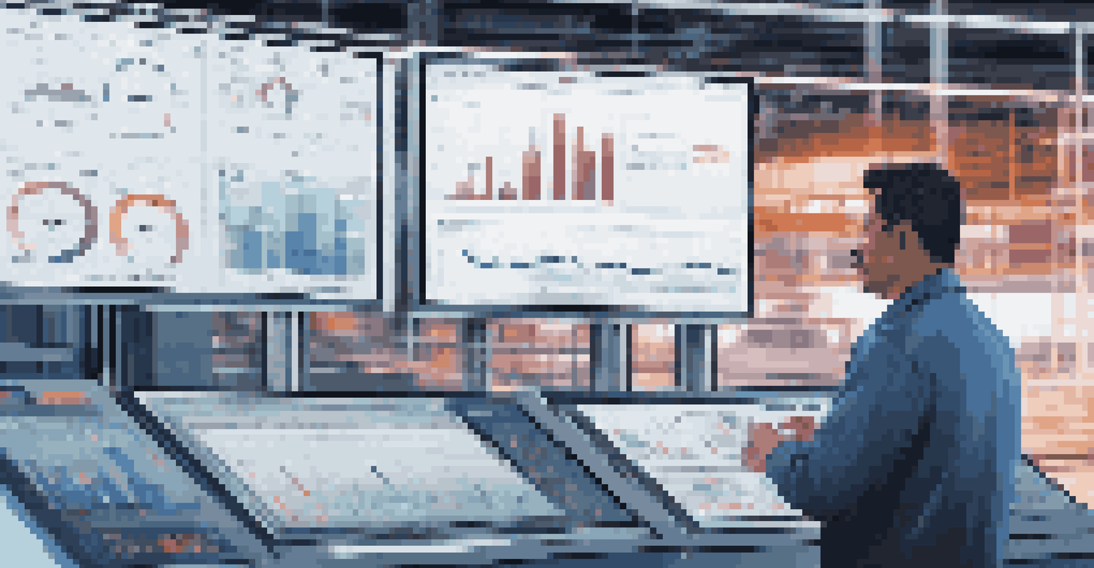 A technician analyzing a digital twin interface with real-time data visualizations in a modern manufacturing environment.
