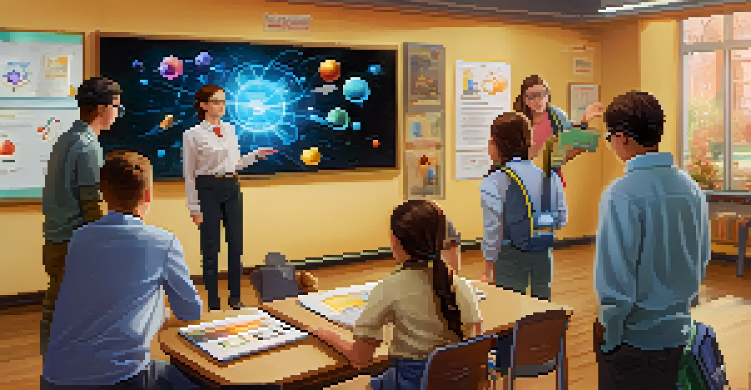 A teacher showing a hologram of a chemical reaction to students in a science classroom.